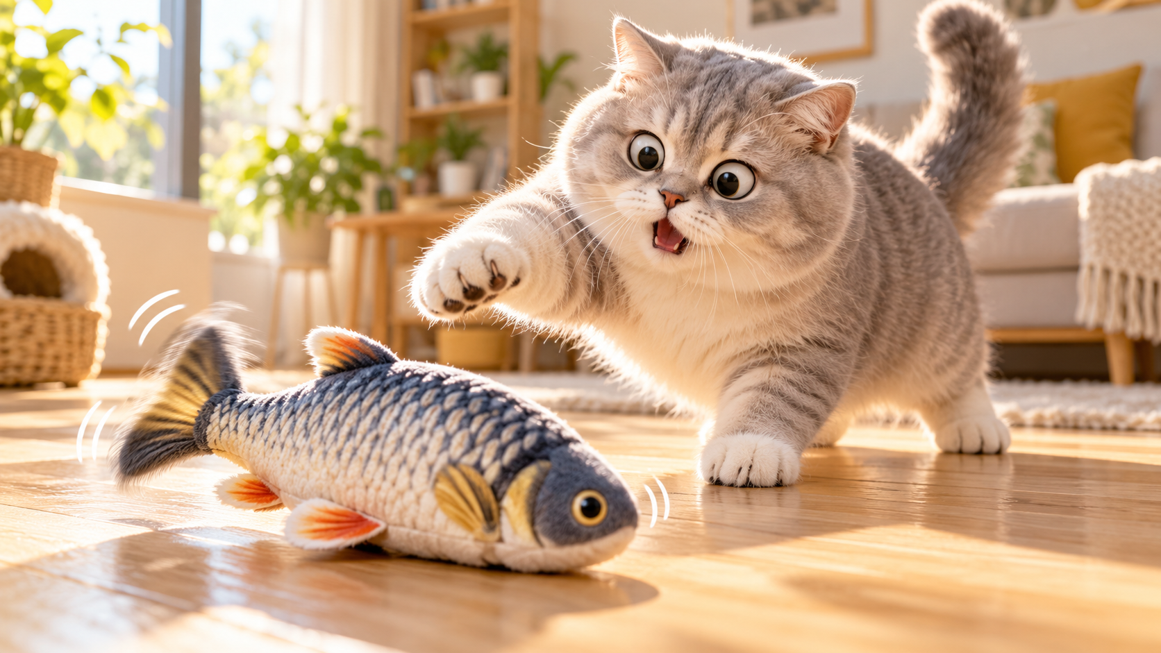 Shocked fluffy cat pouncing at motorized flopping fish toy